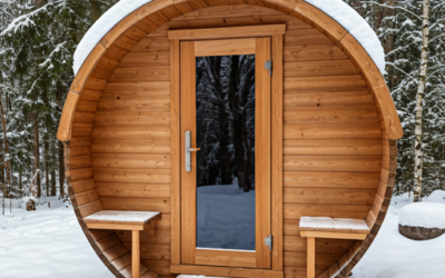Scenic outdoor barrel sauna in a snowy garden setting
