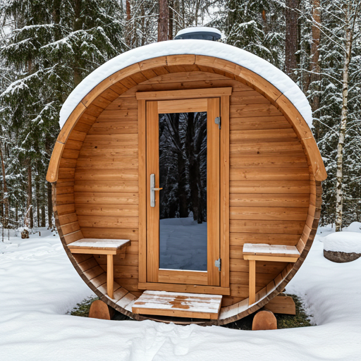 Scenic outdoor barrel sauna in a snowy garden setting