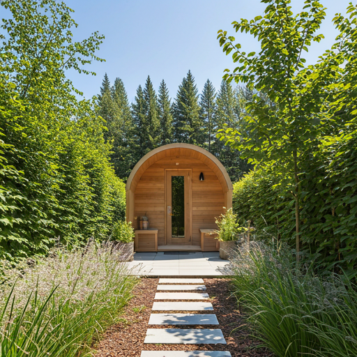 Beautiful garden sauna landscape with lush greenery
