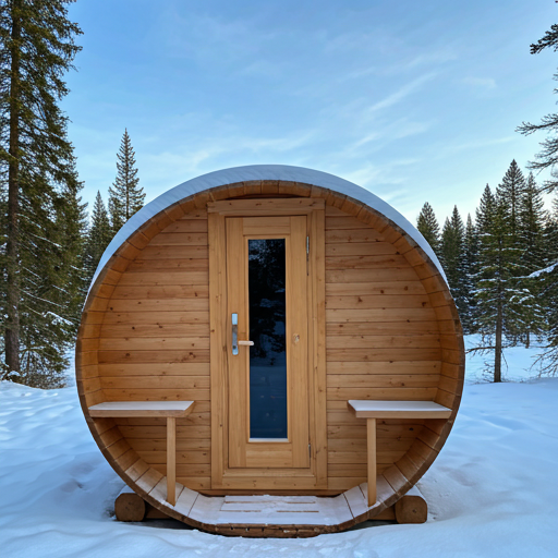 Cedar barrel sauna in a snowy winter garden surrounded by pine trees