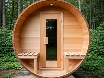 Authentic red cedar barrel sauna in a garden setting