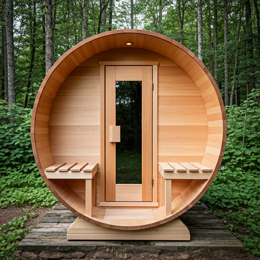 Authentic red cedar barrel sauna in a garden setting
