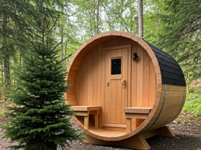 Nordic spruce barrel sauna with glass front door