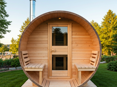 Panoramic barrel sauna with full glass back wall