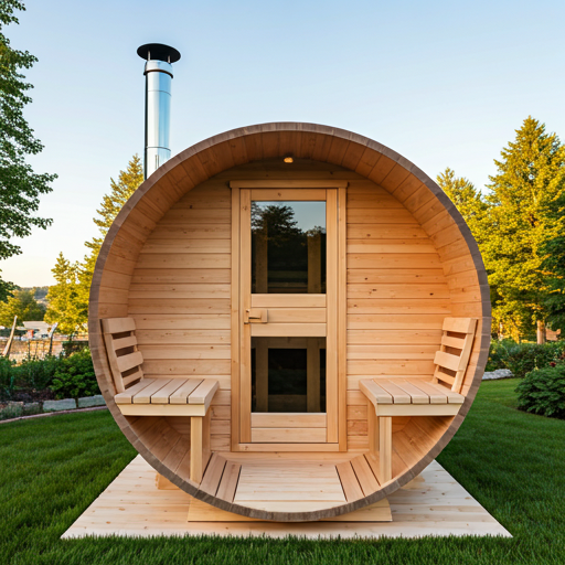 Panoramic barrel sauna with full glass back wall