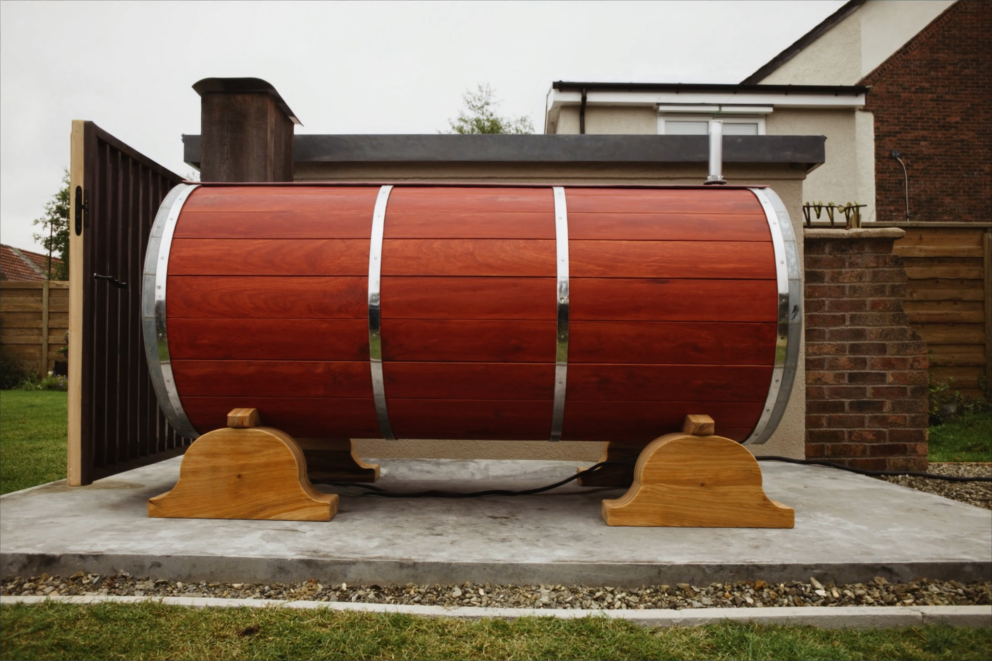 Red cedar barrel sauna on wooden cradle stands sat on a concrete base in a UK garden, with electrical cable visible