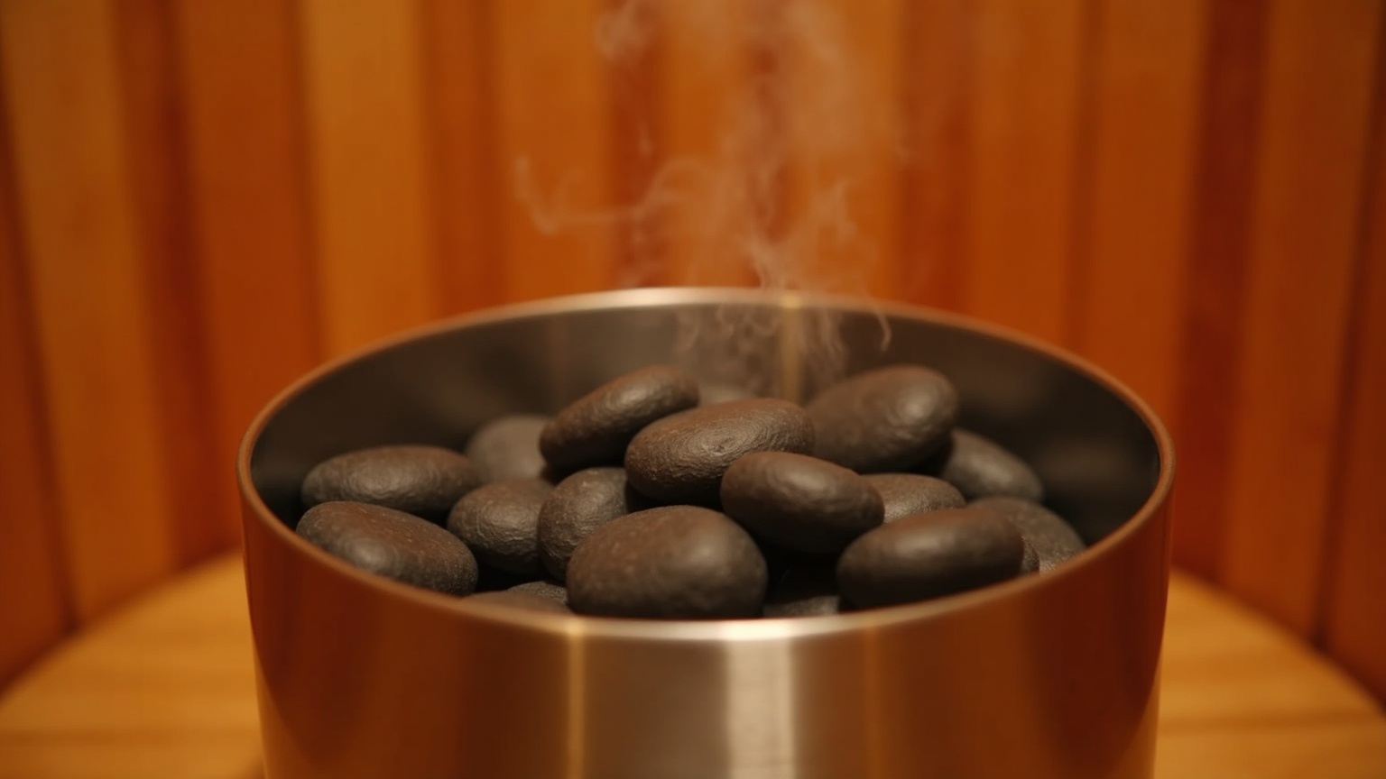 Stainless steel electric sauna heater filled with rounded dark volcanic sauna stones inside a cedar barrel sauna