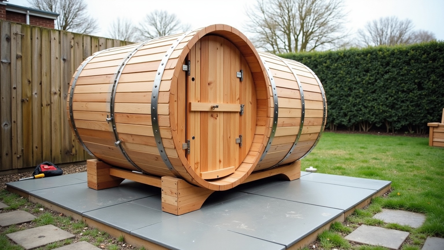 Cedar barrel sauna on a newly laid grey paving slab base in a UK back garden, showing the timber cradles and galvanised steel tension bands