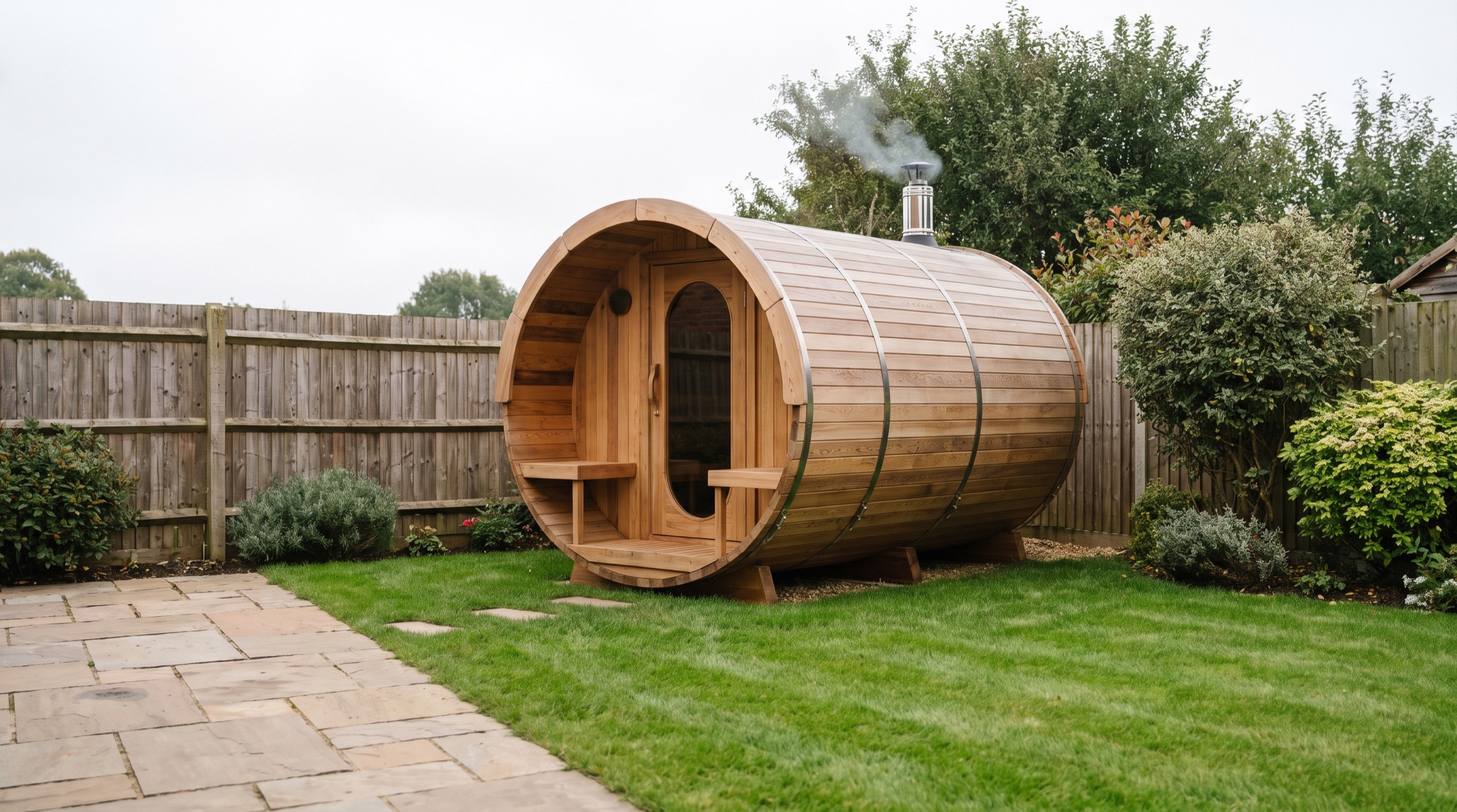 Cedar barrel sauna with a wood-fired chimney in a UK back garden, on a lawn beside a paved patio and timber fence
