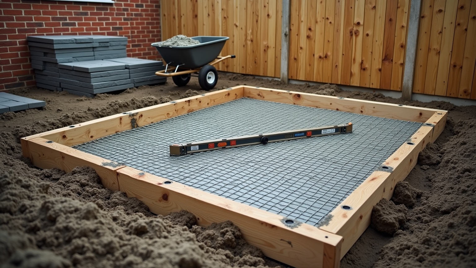 Timber shuttering formwork with a steel reinforcement mesh laid out for a reinforced concrete sauna base, ready for pouring in a UK back garden