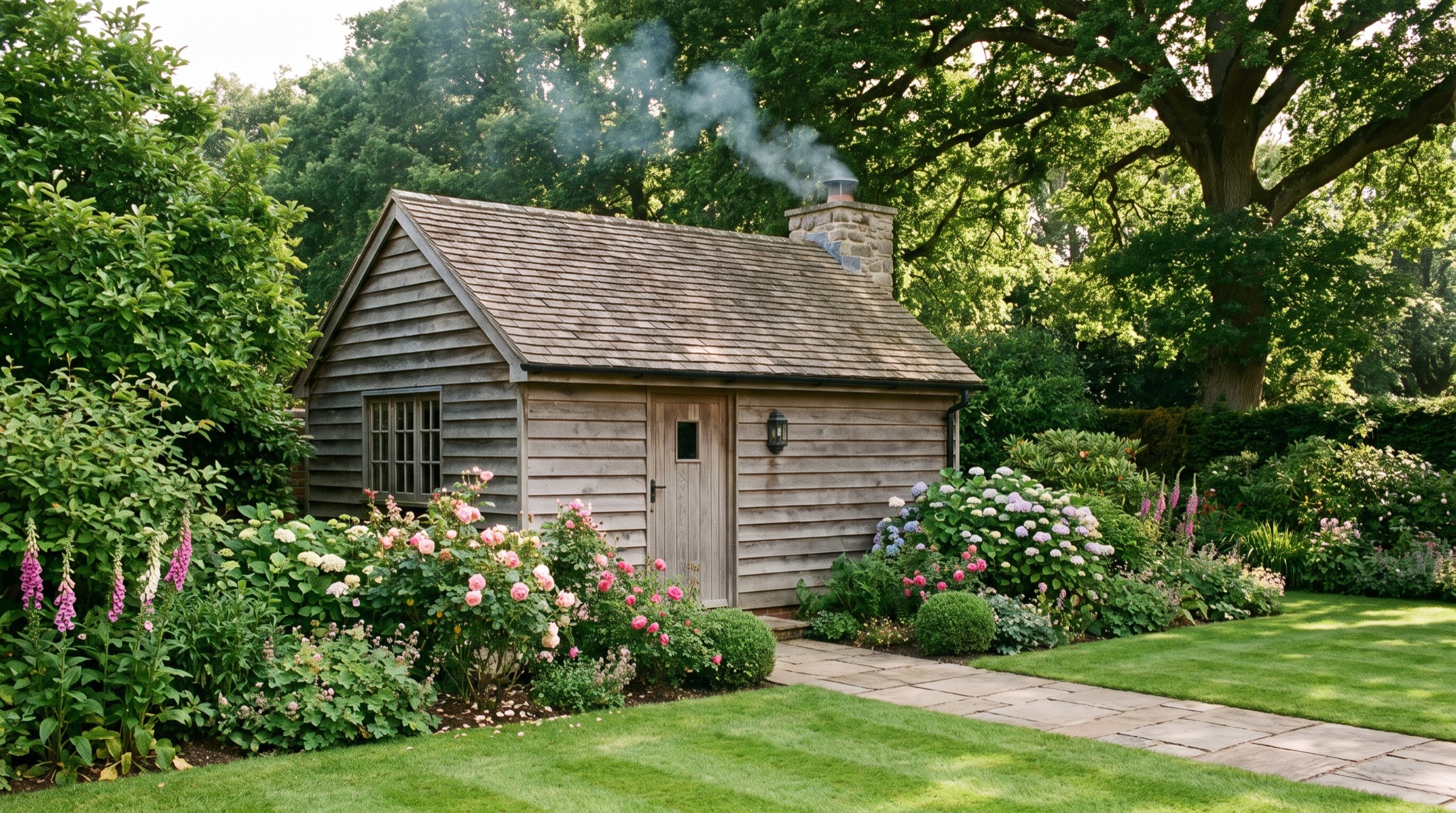 Timber garden sauna cabin with a wood-fired chimney set among roses and hydrangeas in an English cottage garden