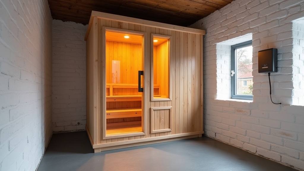 Cedar-clad home sauna cabin with a glass door installed in a converted UK garage, with a sealed concrete floor and painted brick walls