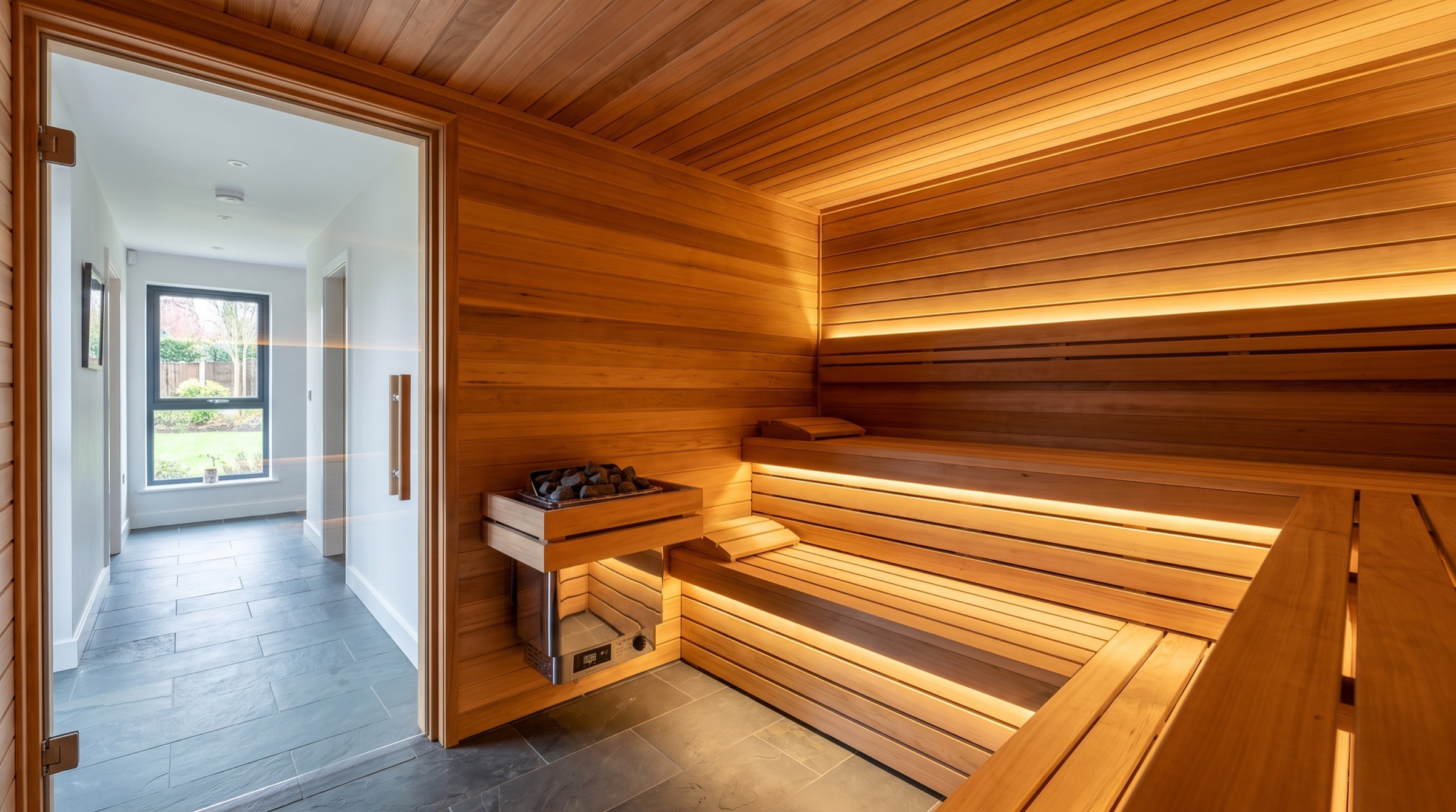 Indoor home sauna with cedar benches, an electric heater with stones and LED lighting, glass door opening to a modern home