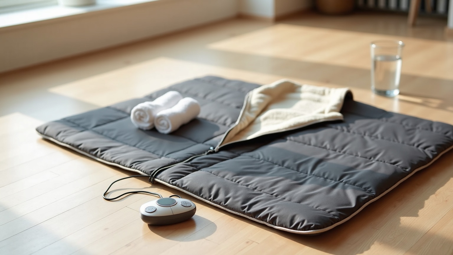 Infrared sauna blanket laid open on a pale wood floor, showing the quilted charcoal outer, cream fleece lining and corded controller unit