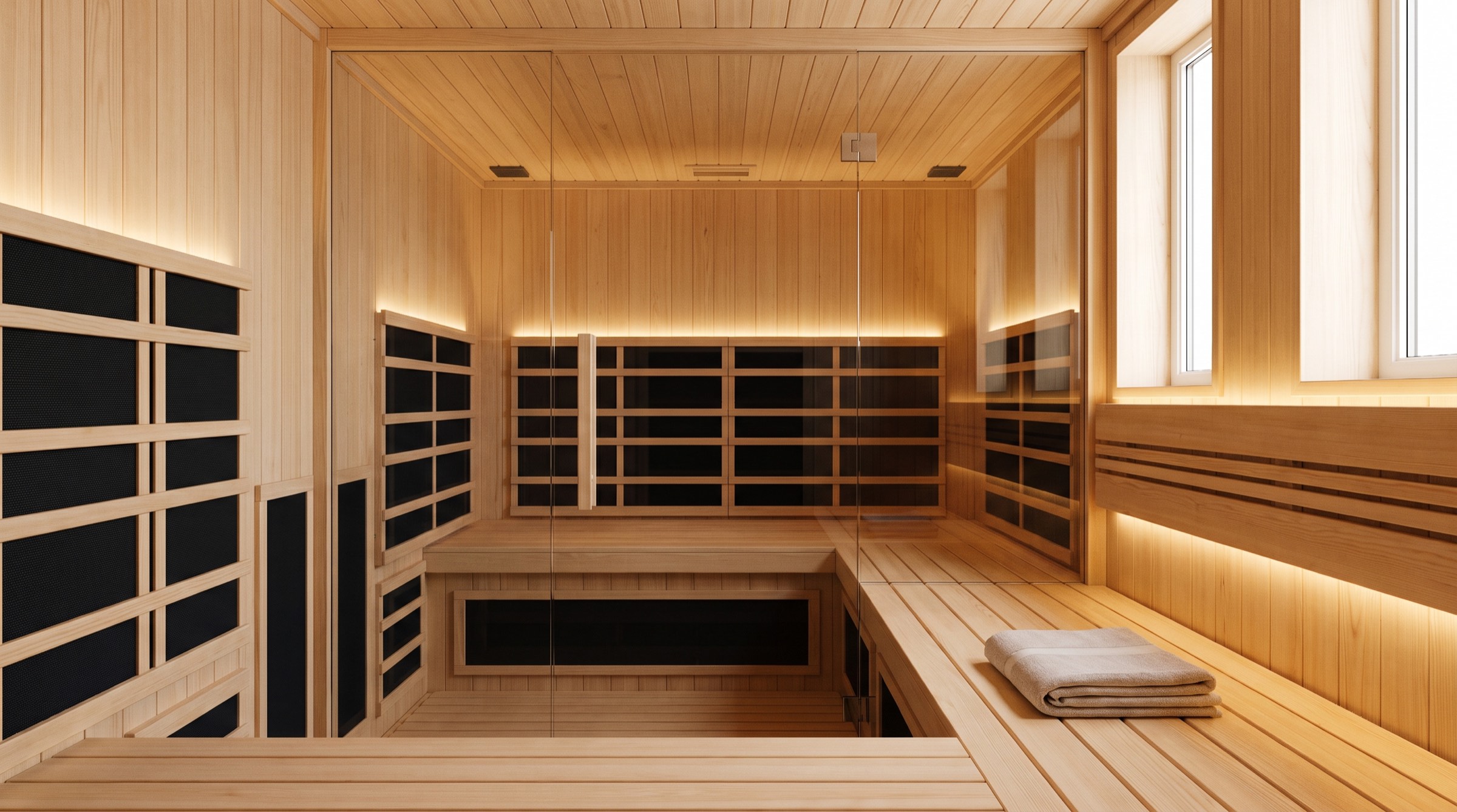 Interior of a modern infrared sauna cabin with black carbon heater panels, blonde wood benches and a folded towel