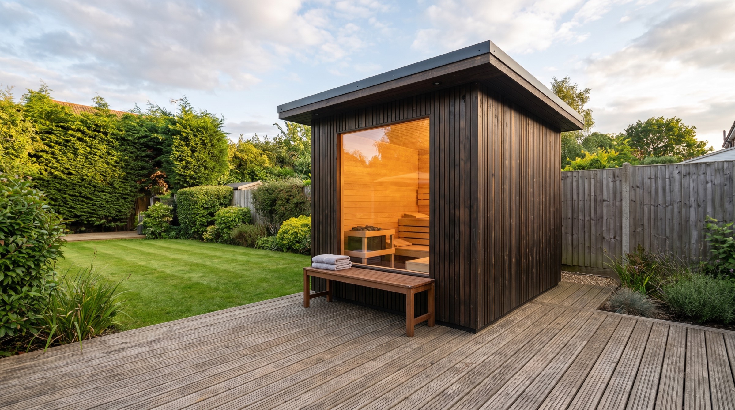 Modern dark thermowood outdoor sauna cabin with a glass front and warm interior glow, on a timber deck in a UK garden