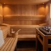 Warm traditional Finnish sauna interior with cedar benches and a heater topped with glowing rocks and steam