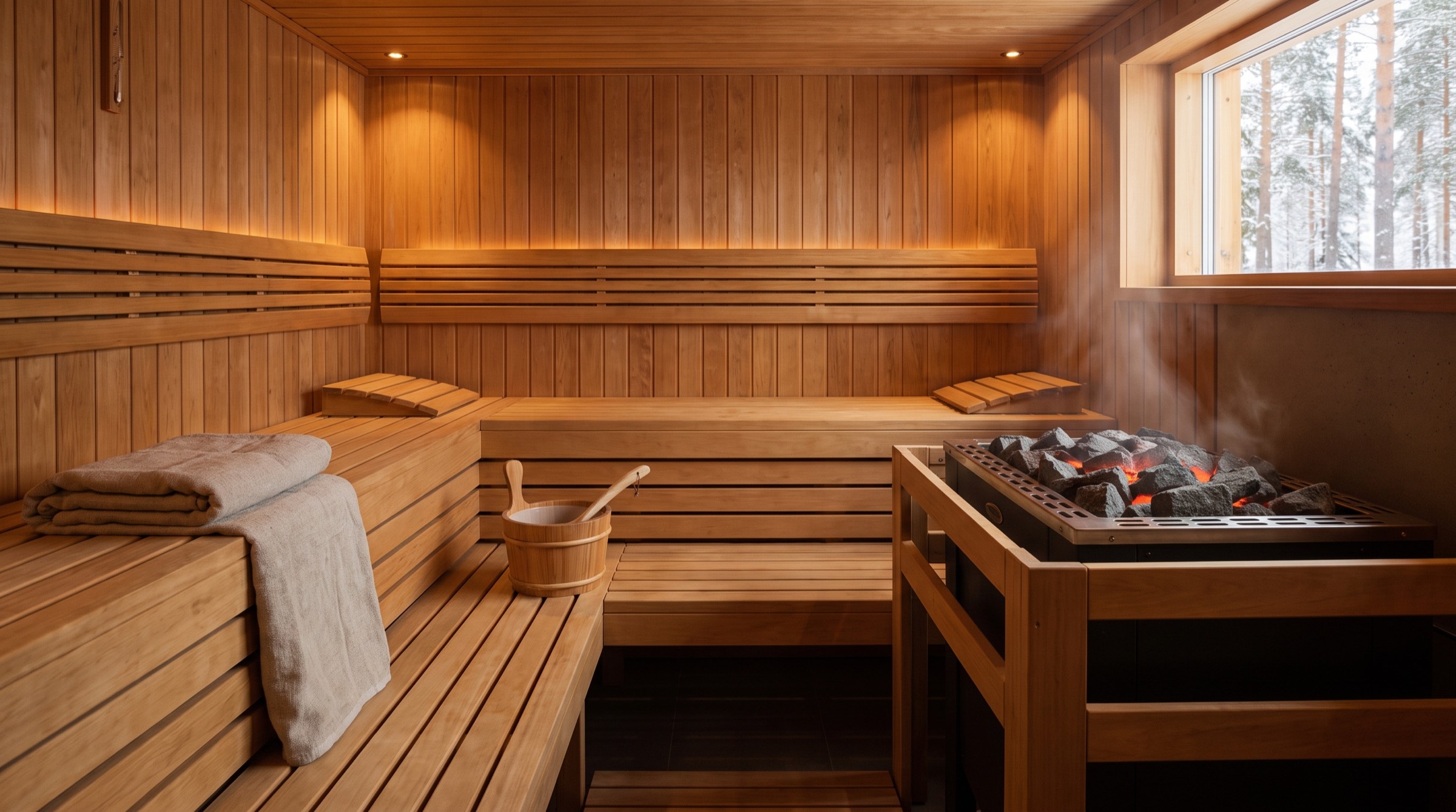 Warm traditional Finnish sauna interior with cedar benches and a heater topped with glowing rocks and steam