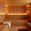 Traditional sauna interior with a wall-mounted sand timer and thermometer beside cedar benches
