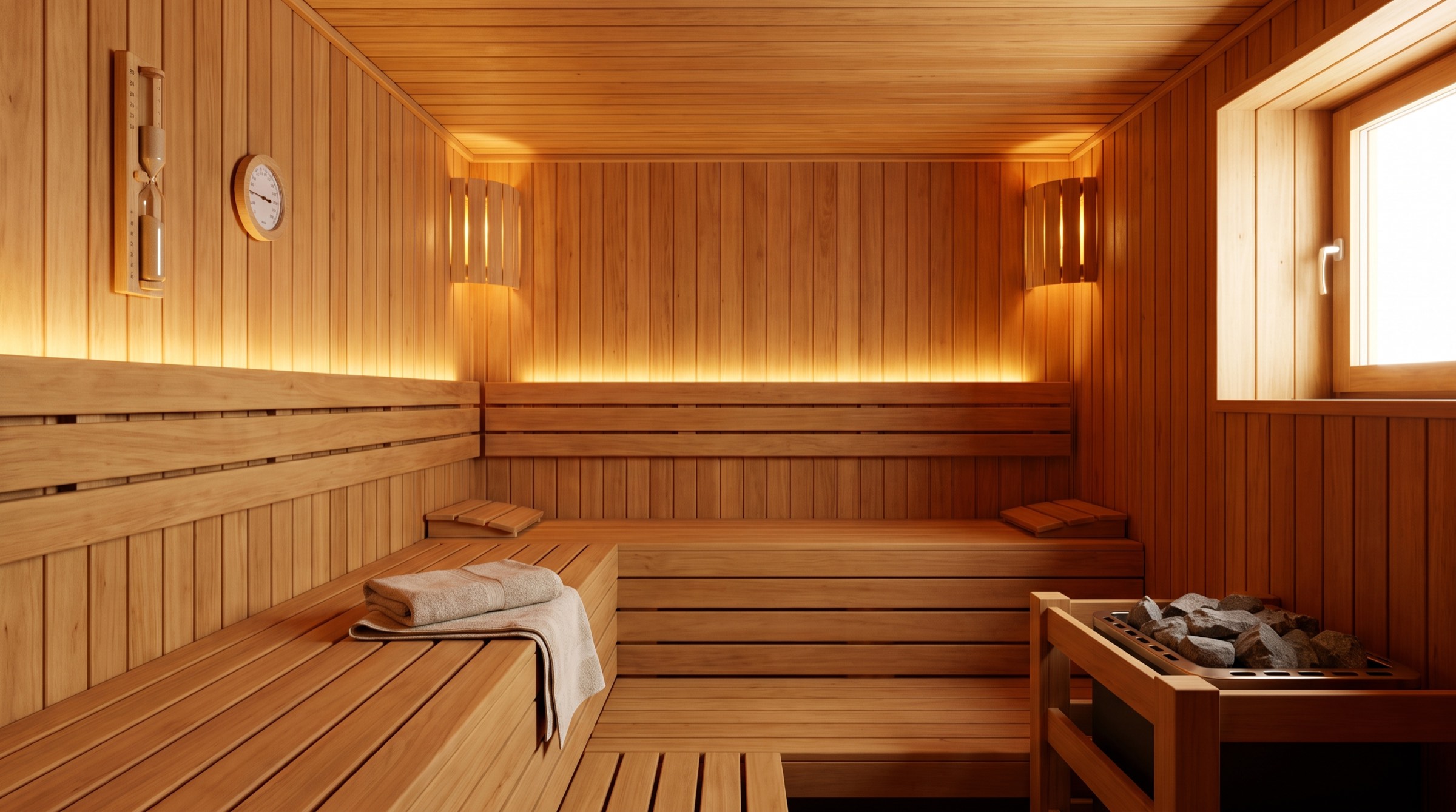 Traditional sauna interior with a wall-mounted sand timer and thermometer beside cedar benches