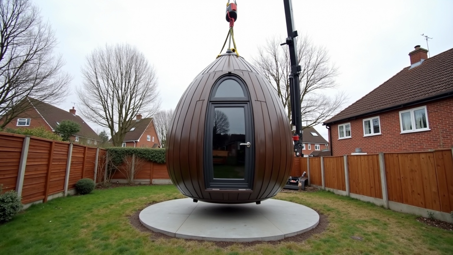 Egg-shaped timber-clad sauna pod suspended from a mobile crane on lifting straps, being lowered onto a circular concrete base in a UK back garden