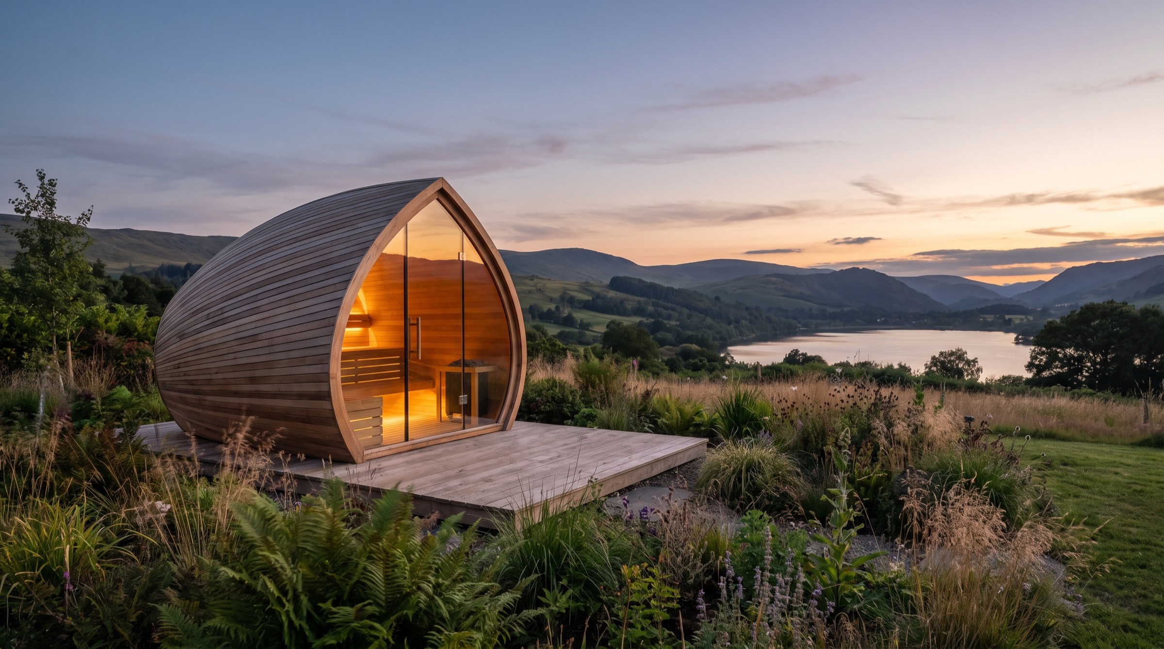 Sculptural cedar-clad sauna pod with a curved panoramic glass front glowing at dusk, on a deck overlooking a UK lake and hills