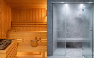 Split image comparing a warm dry Finnish sauna interior on the left with a steamy tiled steam room on the right