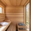 Bright modern sauna interior with a stainless water bottle and folded towel on the bench