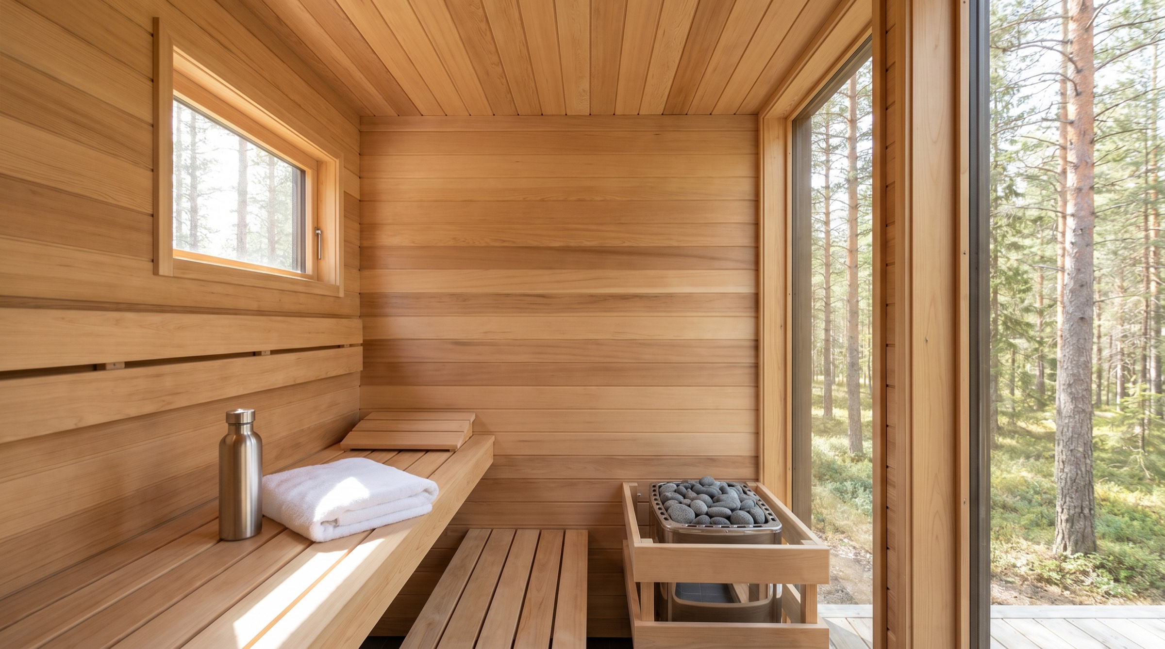 Bright modern sauna interior with a stainless water bottle and folded towel on the bench