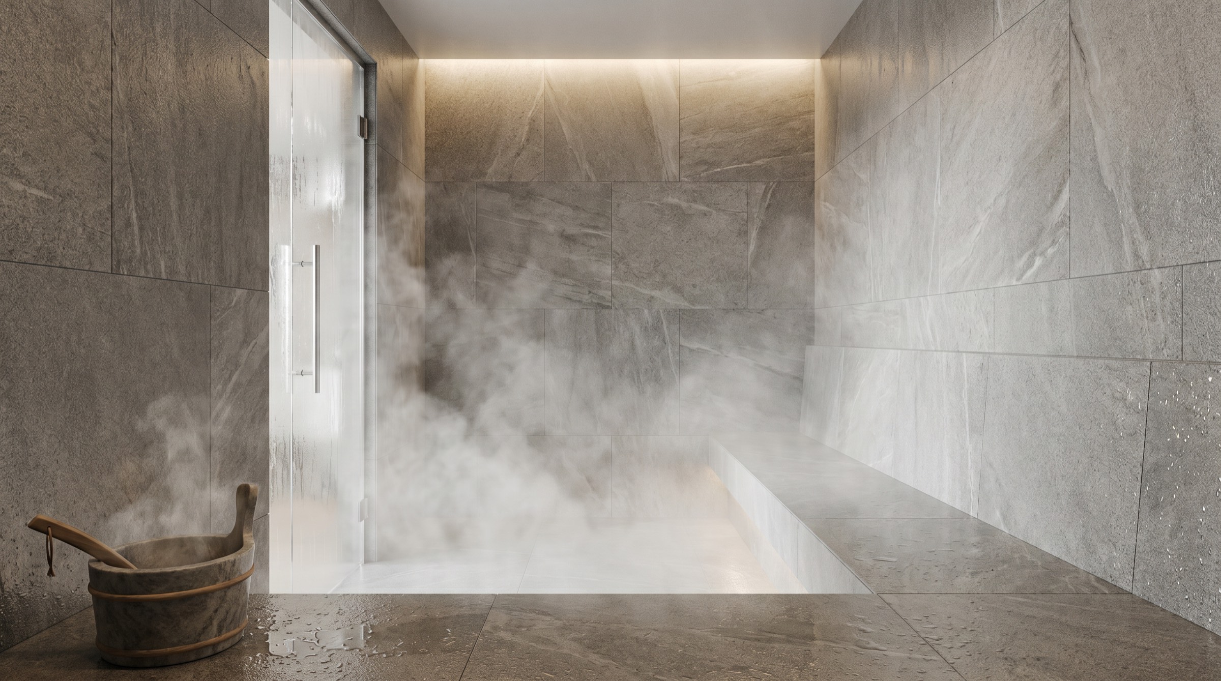 A modern residential steam room with grey stone tiles, a frameless glass door and steam filling the air