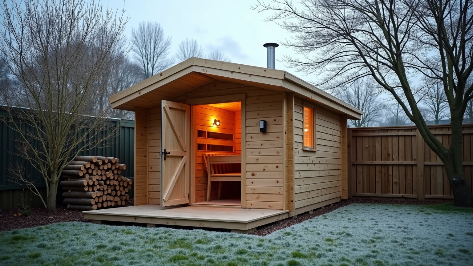 Timber-clad wood-fired outdoor sauna cabin with a stainless steel flue and a stacked log store, on a frosted lawn in a UK back garden in winter, with warm light glowing from the open door